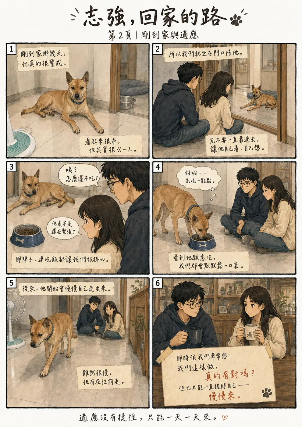 漫畫第 2 頁：志強剛到家時待在隔離房保持警戒，我們坐在門口陪牠，等待牠願意吃飯和自己走出來。